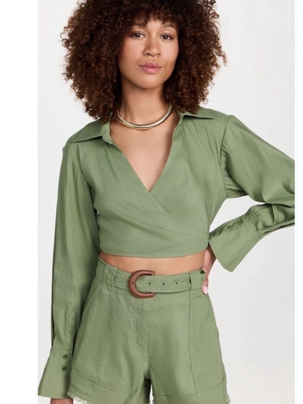 Jonathan Simkhai Olive Green Cropped Wrap Top and Shorts